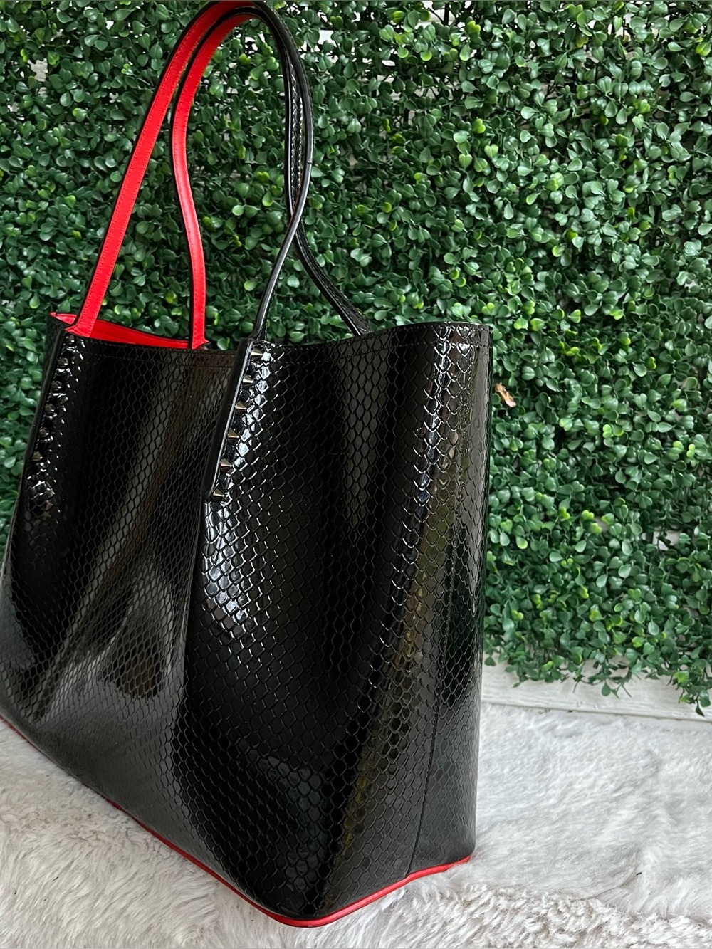 CHRISTIAN LOUBOUTIN Black Large Snake Embossed Cabarock Tote Spiked Shoulder Bag - Picture 6 of 14